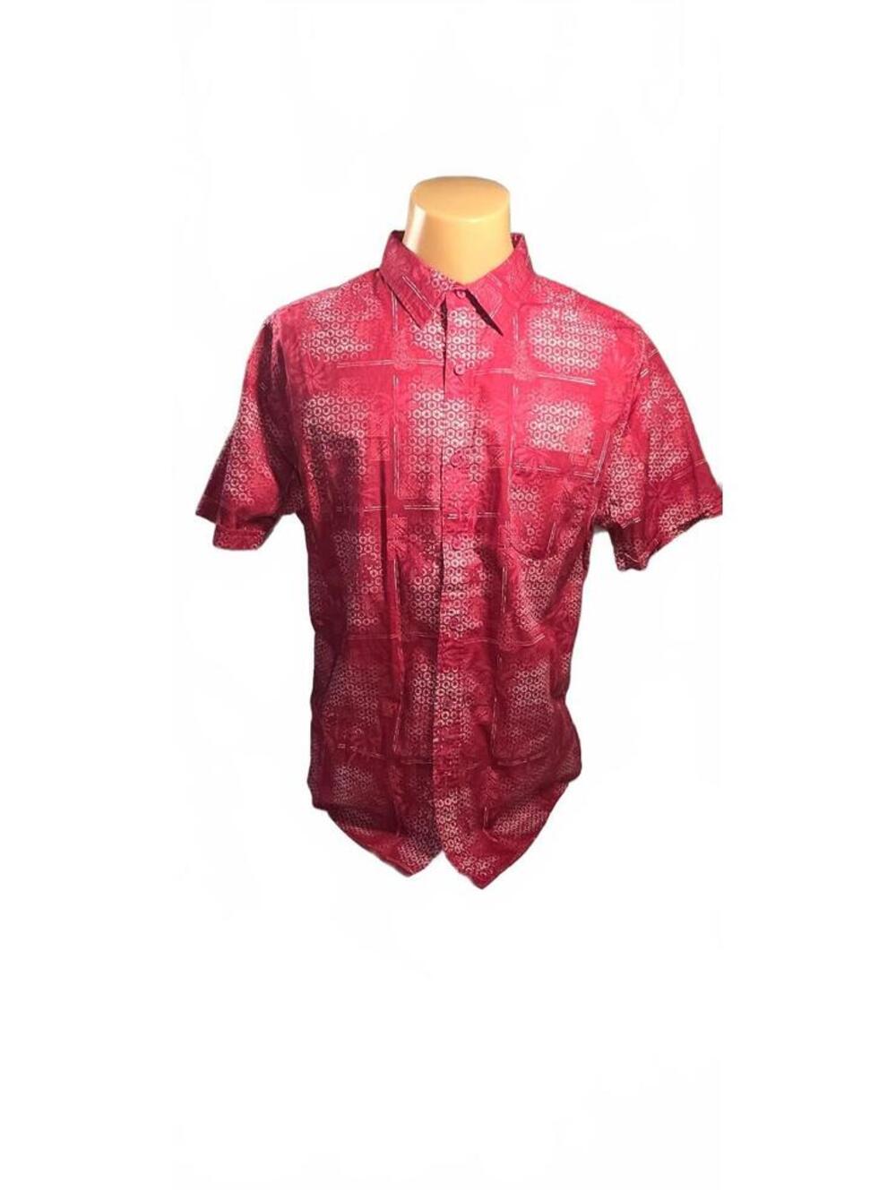 Haggar Men's Short Sleeve Button-Up Shirt Size L Deep Red Pattern
